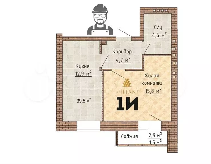 1-к. квартира, 39,5 м, 4/8 эт. - Фото 0