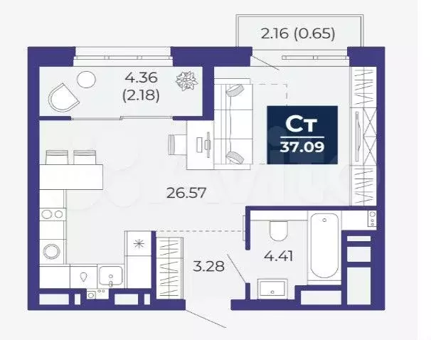 Квартира-студия, 37,1 м, 2/9 эт. - Фото 1
