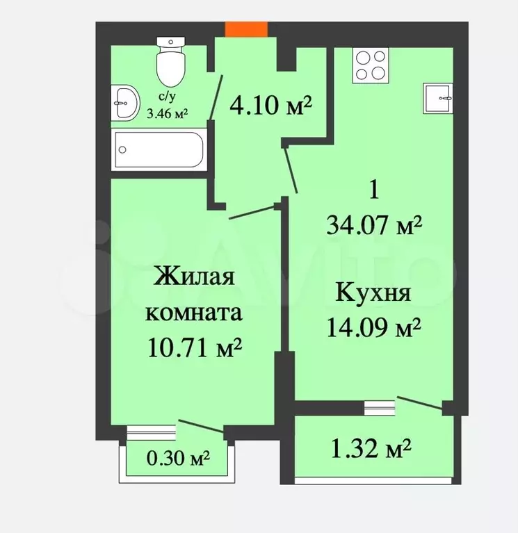 1-к. квартира, 35м, 4/9эт. - Фото 1