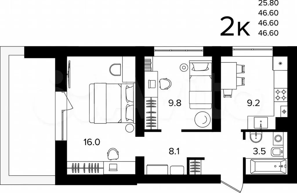 2-к. квартира, 46,6 м, 1/4 эт. - Фото 1