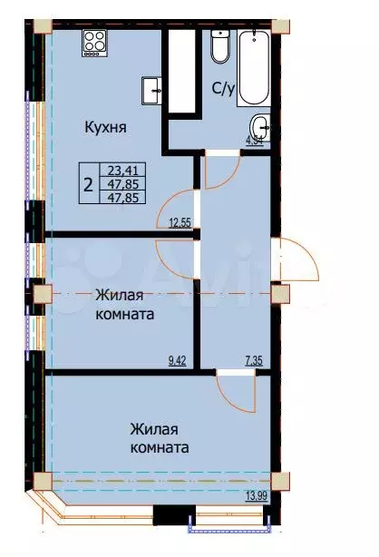 2-к. квартира, 47,9 м, 1/8 эт. - Фото 0