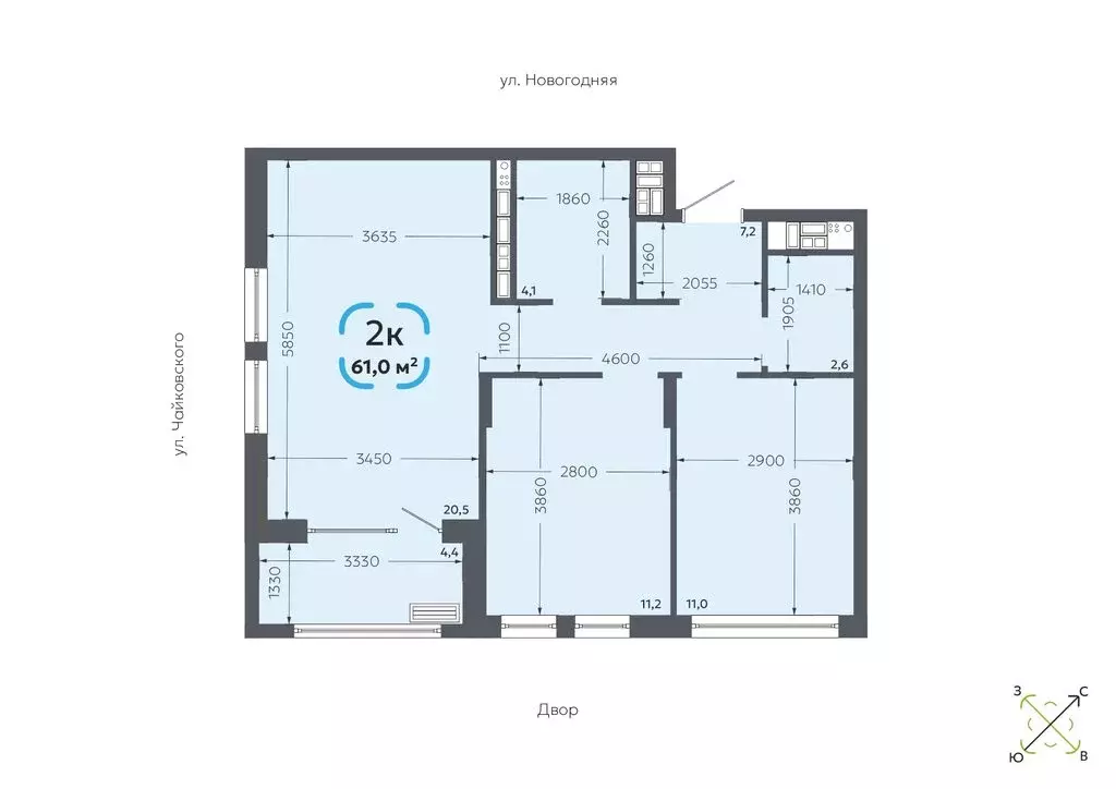 2-комнатная квартира: Тюмень, Сосьвинская улица, 33к1 (61 м) - Фото 1