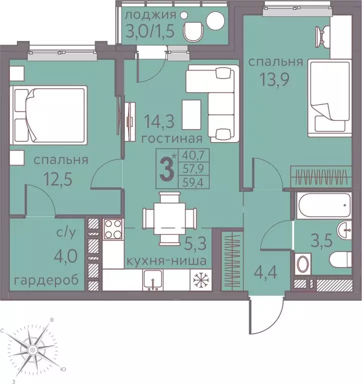 3-комнатная квартира: Пермь, Серебристая улица, 5 (59.4 м) - Фото 1