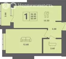 1-комнатная квартира: Пионерский, улица Гептнера, 21 (35.35 м) - Фото 0