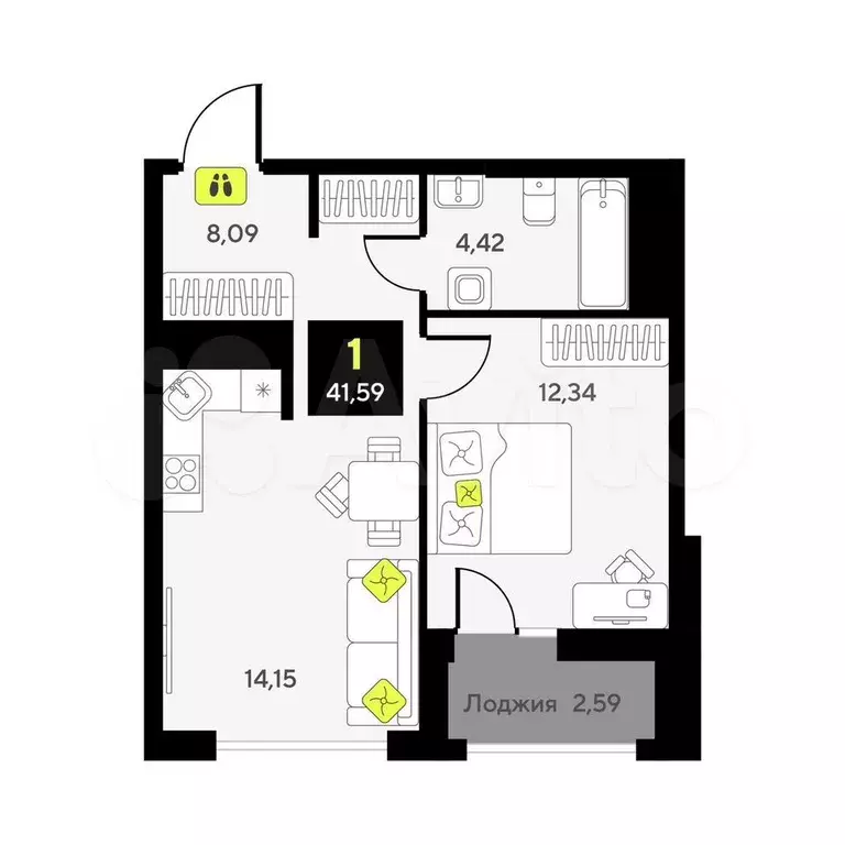 1-к. квартира, 41,6 м, 5/10 эт. - Фото 0