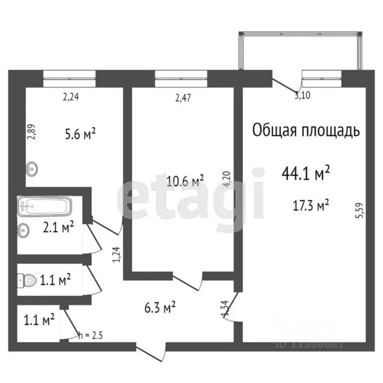 2-к кв. Томская область, Северск Солнечная ул., 1А (43.5 м) - Фото 1
