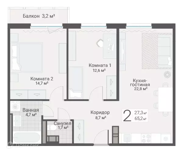 Продаётся 2-к квартира, 65.2 м - Фото 0