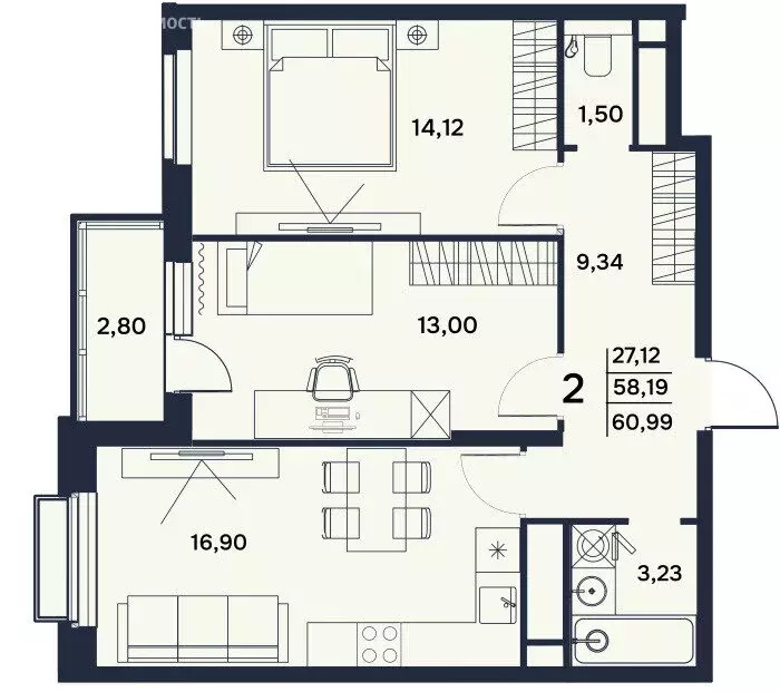 2-комнатная квартира: Пенза, Электрический проезд, 7 (60.99 м) - Фото 1