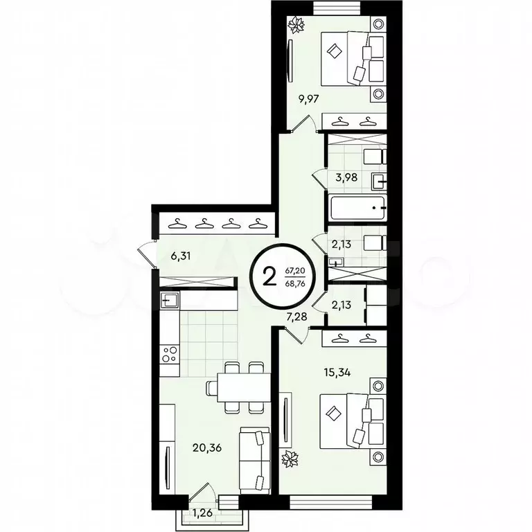2-к. квартира, 68,8 м, 2/4 эт. - Фото 0