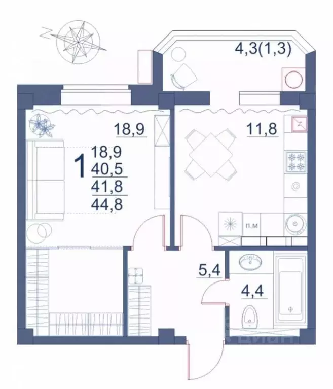 1-к кв. Ставропольский край, Ессентуки ул. Шмидта, 100 (44.8 м) - Фото 1