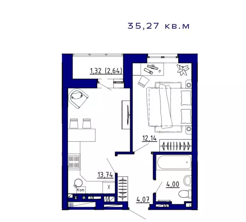 1-комнатная квартира: Аксай, ЖК Авиатор (35.27 м) - Фото 0