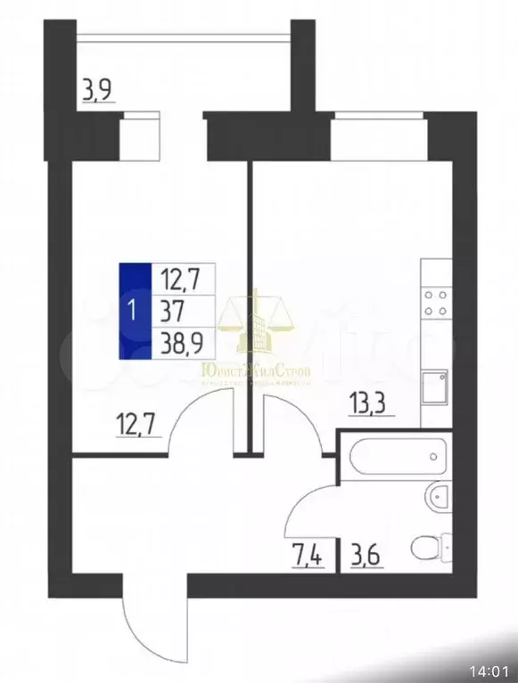 1-к. квартира, 38,9 м, 3/9 эт. - Фото 0