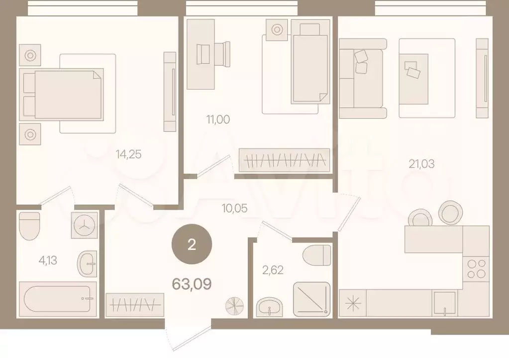 2-к. квартира, 63,1 м, 5/8 эт. - Фото 0