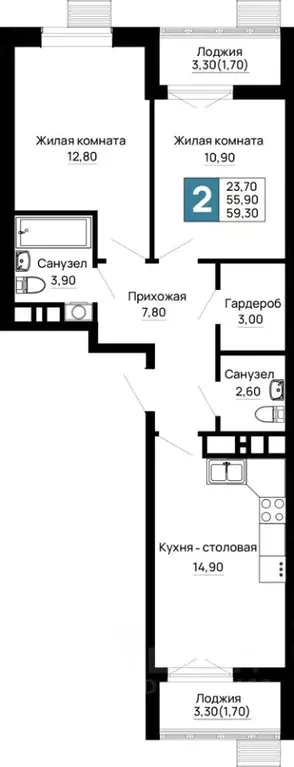 2-к кв. Адыгея, Тахтамукайский район, Яблоновский пгт  (59.3 м) - Фото 1