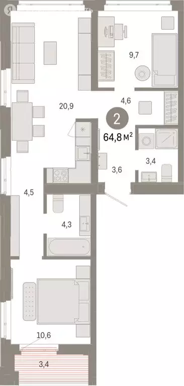 2-комнатная квартира: Тюмень, Ленинский округ (64.77 м) - Фото 1