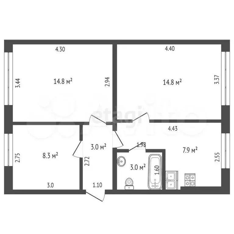 2-к. квартира, 54 м, 1/2 эт. - Фото 0