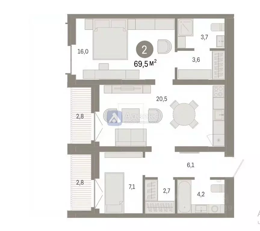 2-к кв. Тюменская область, Тюмень ул. Республики, 205к2 (69.47 м) - Фото 1