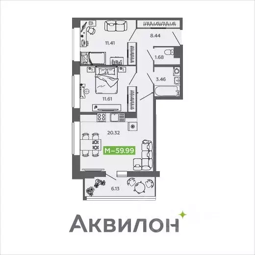 2-к кв. Архангельская область, Северодвинск И-1 кв-л, Аквилон Нео ... - Фото 1