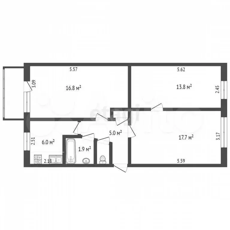 3-к. квартира, 63,5 м, 5/5 эт. - Фото 0