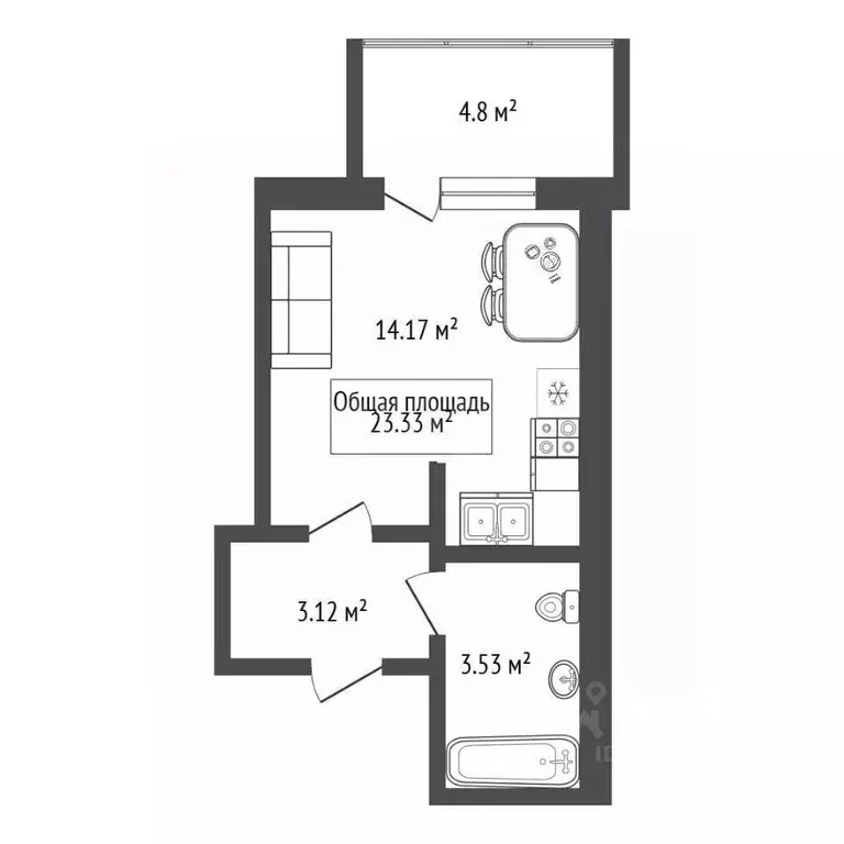 Студия Новосибирская область, Новосибирск ул. Краузе, 17 (23.3 м) - Фото 2
