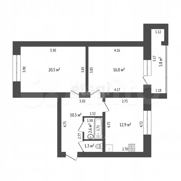 2-к. квартира, 63,8 м, 2/5 эт. - Фото 0