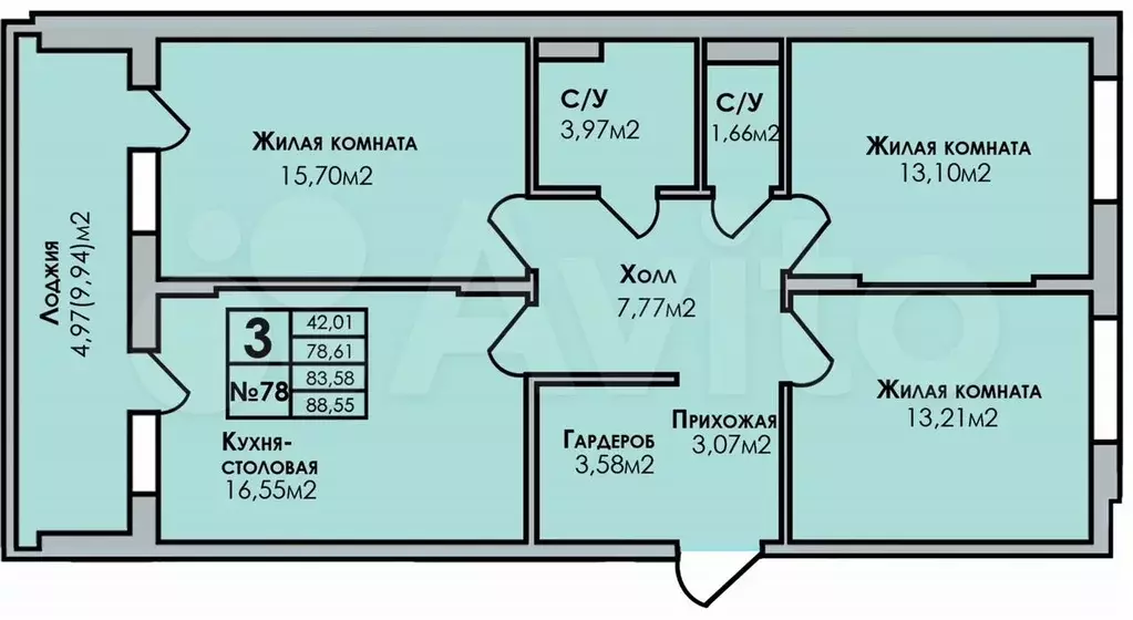 3-к. квартира, 88,6 м, 3/7 эт. - Фото 0