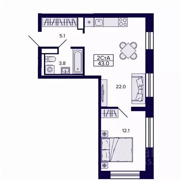 2-к кв. Хабаровский край, Хабаровск ул. Карла Маркса, 96/1 (42.98 м) - Фото 1