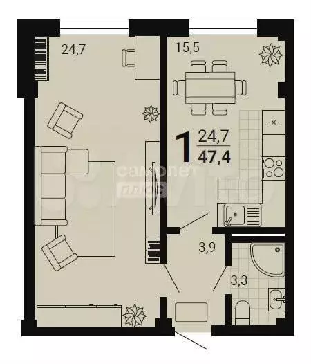 1-к. квартира, 47 м, 3/5 эт. - Фото 0
