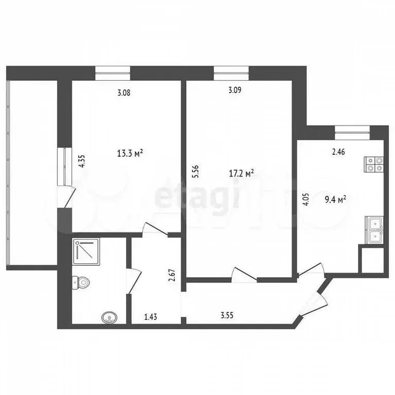 2-к. квартира, 52,9 м, 7/9 эт. - Фото 0
