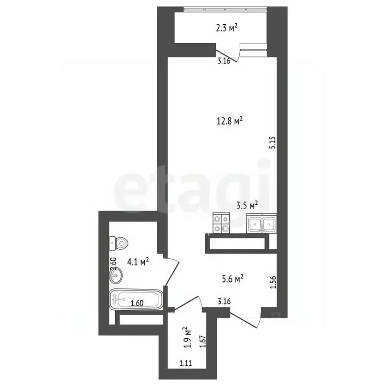 Студия Тюменская область, Тюмень ул. Арктическая, 9 (27.9 м) - Фото 2