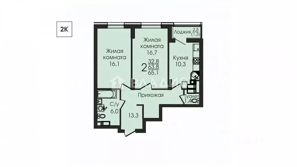 2-к кв. Воронежская область, Воронеж ул. Урицкого, 135 (64.9 м) - Фото 1