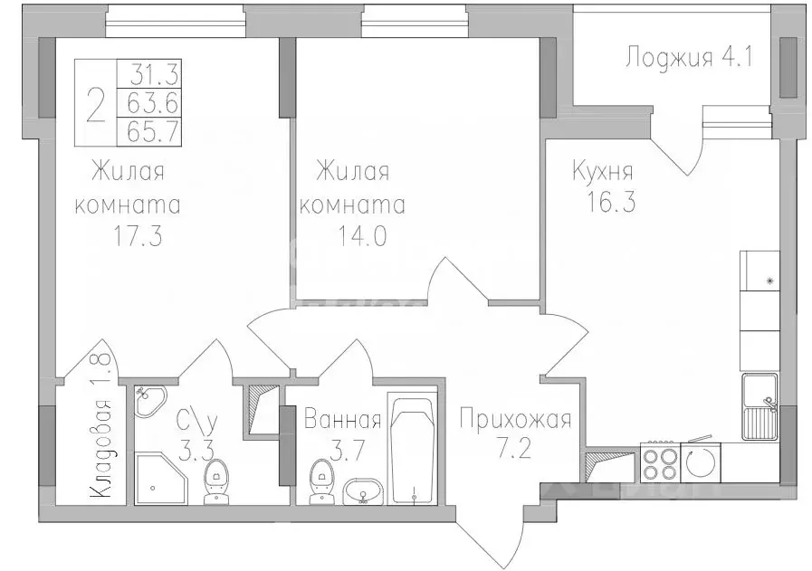 2-к кв. Липецкая область, Липецк ул. Тельмана, 120 (65.7 м) - Фото 2