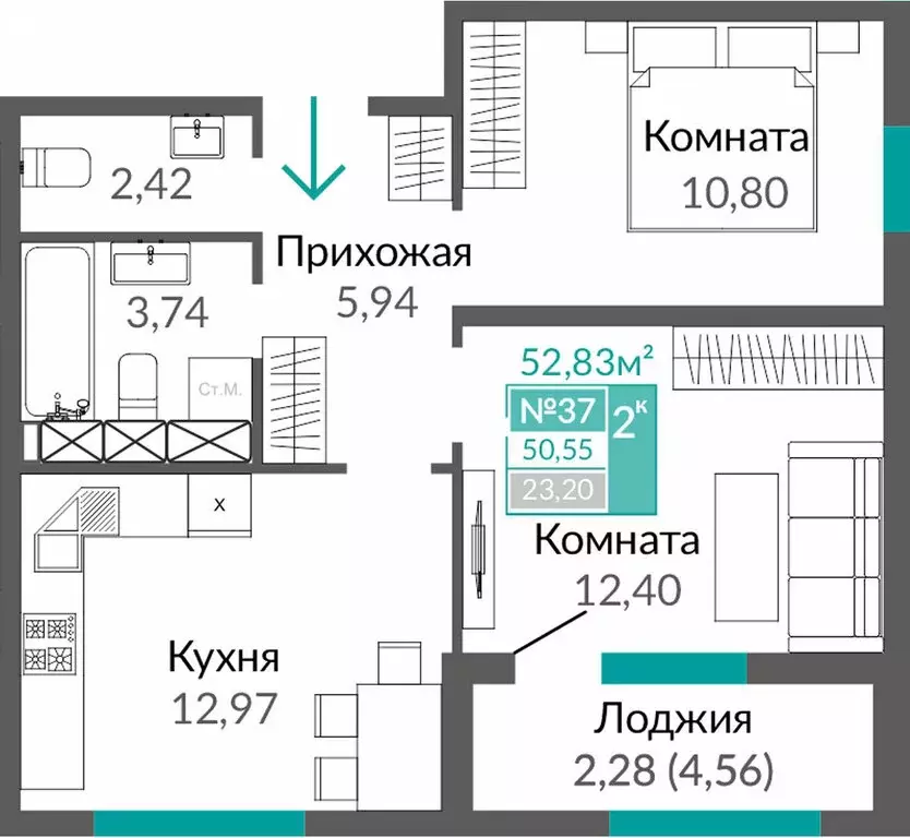 2-комнатная квартира: Симферополь, проспект Александра Суворова, 1 ... - Фото 0