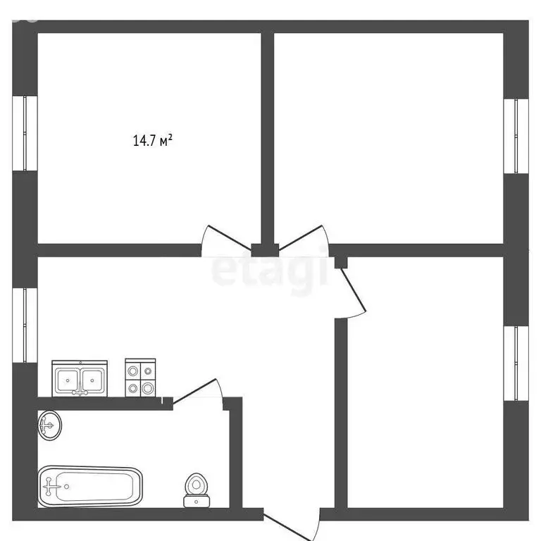 1к в -комнатной квартире (14.7 м) - Фото 1