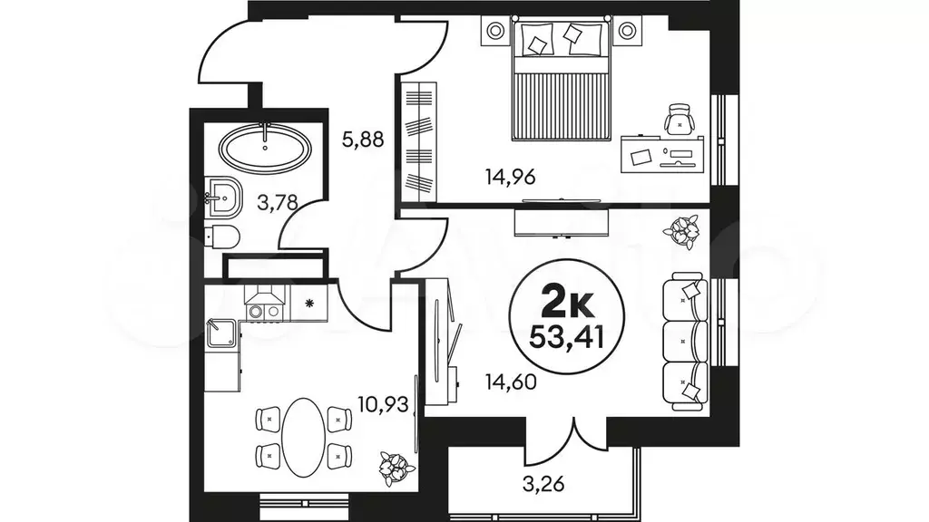 2-к. квартира, 53,4 м, 14/25 эт. - Фото 0