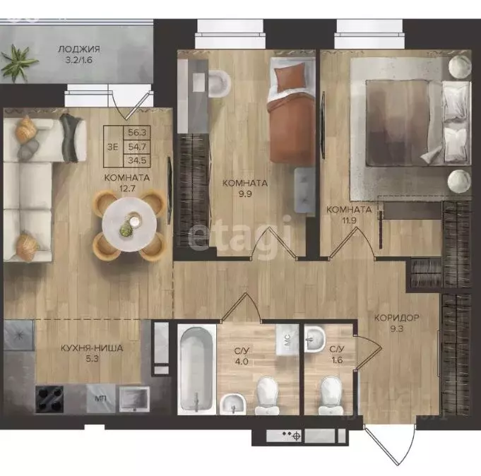 3-комнатная квартира: деревня Кондратово, Водопроводная улица, 4А (60 ... - Фото 1