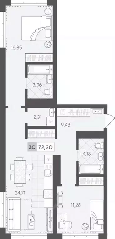 2-к кв. Тюменская область, Тюмень ул. Сергея Корепанова, 34 (72.2 м) - Фото 1