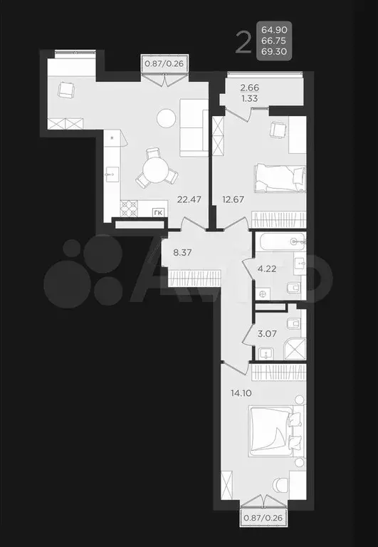 2-к. квартира, 69,3 м, 9/9 эт. - Фото 1