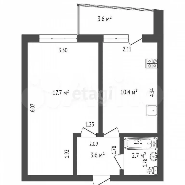 1-к. квартира, 34,4 м, 5/10 эт. - Фото 0
