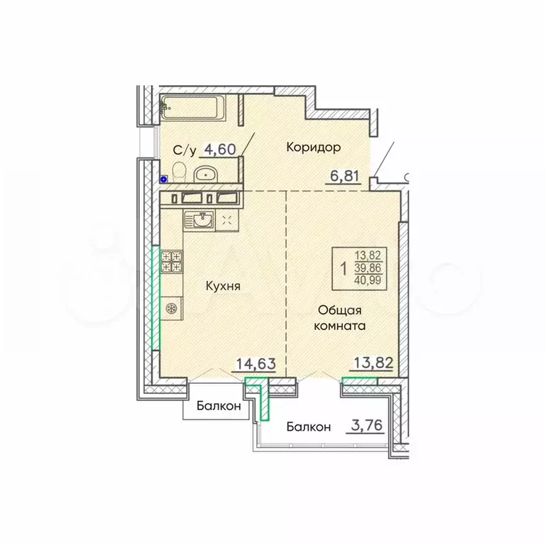1-к. квартира, 41 м, 9/9 эт. - Фото 0