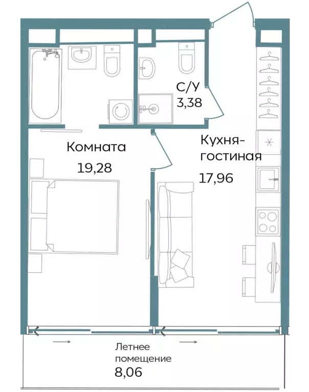 1-к квартира, 48.68 м - Фото 0