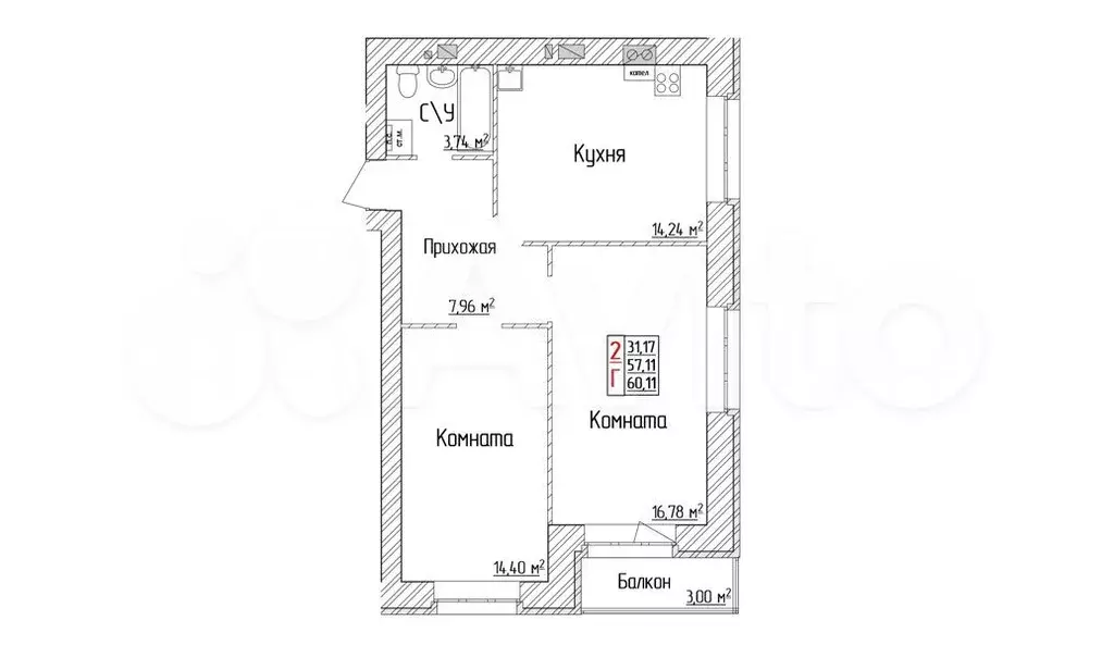 2-к. квартира, 60,1 м, 2/6 эт. - Фото 1