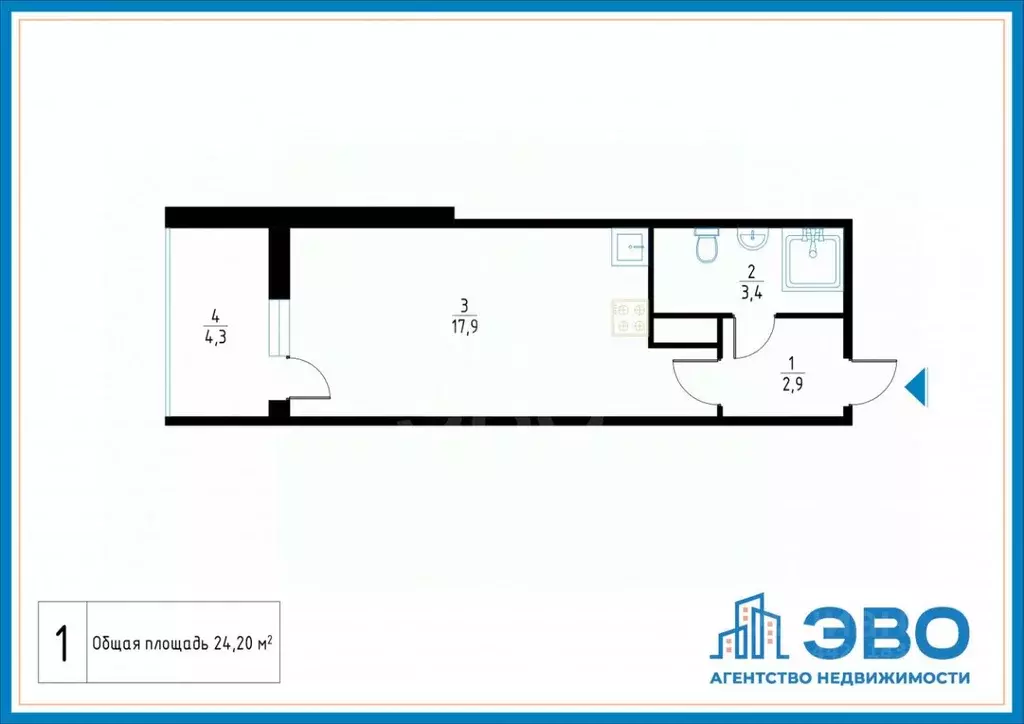 Студия Санкт-Петербург просп. Буденного, 21к1 (24.2 м) - Фото 2