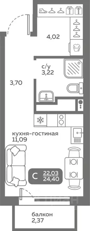 Студия Тюменская область, Тюмень ул. Вадима Бованенко, 10 (22.03 м) - Фото 0