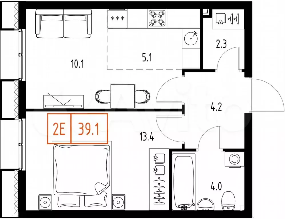 1-к. квартира, 39,1 м, 6/9 эт. - Фото 0