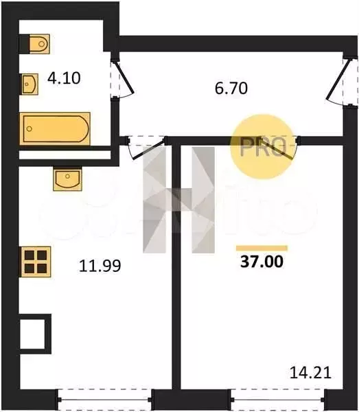 1-к. квартира, 37м, 1/9эт. - Фото 1