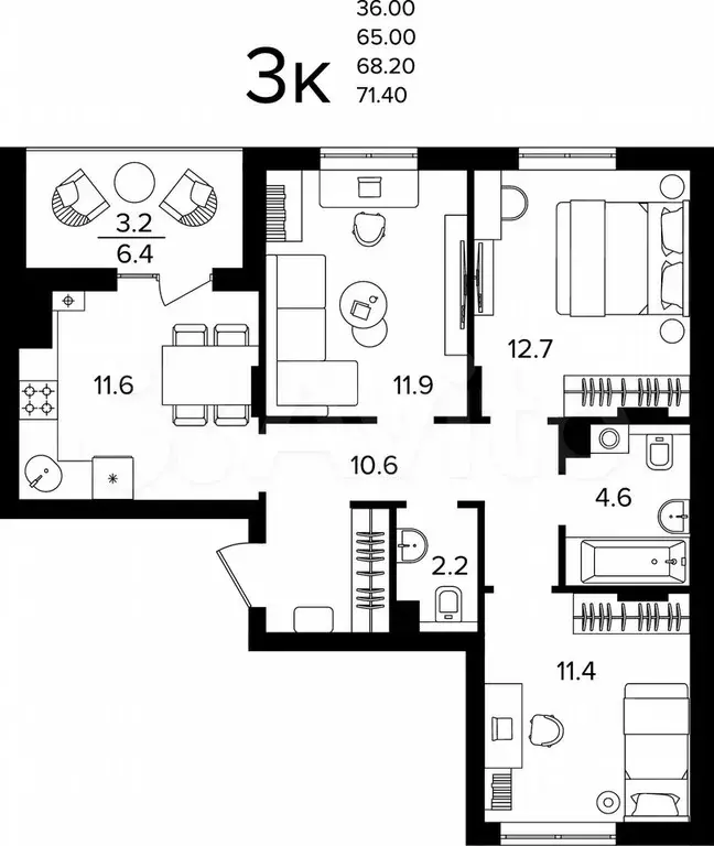 3-к. квартира, 68,2 м, 3/4 эт. - Фото 1