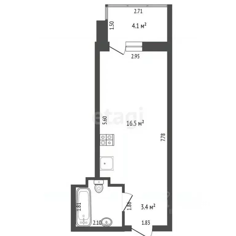 Студия Тюменская область, Тюмень ул. Мельникайте, 2к17 (24.9 м) - Фото 2