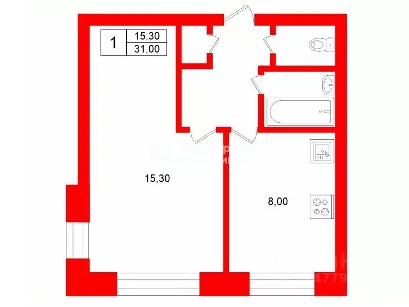 1-к кв. Санкт-Петербург просп. Луначарского, 66К2 (31.0 м) - Фото 2