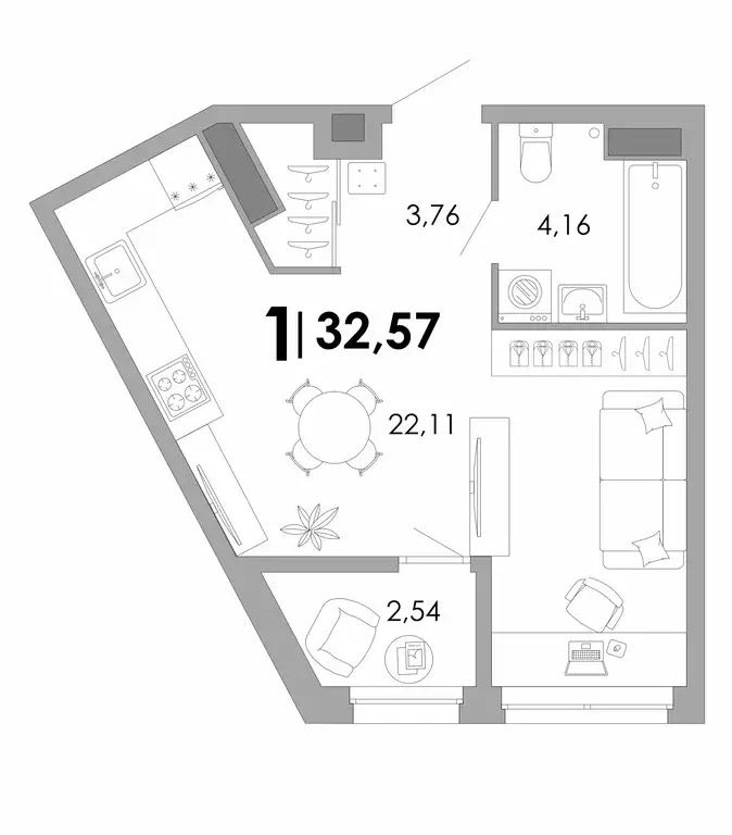 1-к квартира, 32.57 м - Фото 0